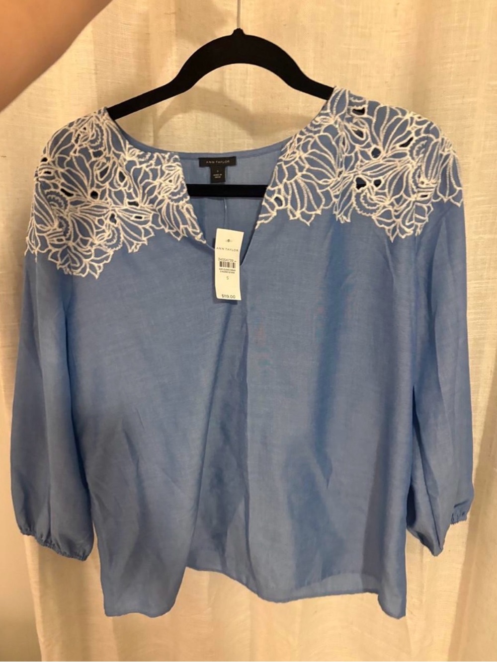 Ann Taylor Sky Blue Floral Lace Yoke Blouse